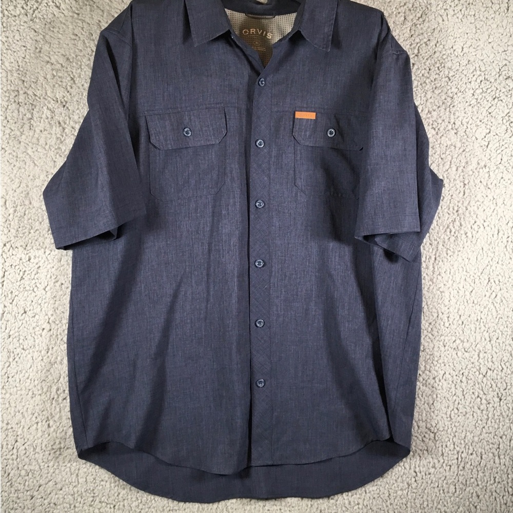 Orvis Shirt Men's XL Blue Short Sleeve Button Down Solid Light Weight Collared - Picture 2 of 10